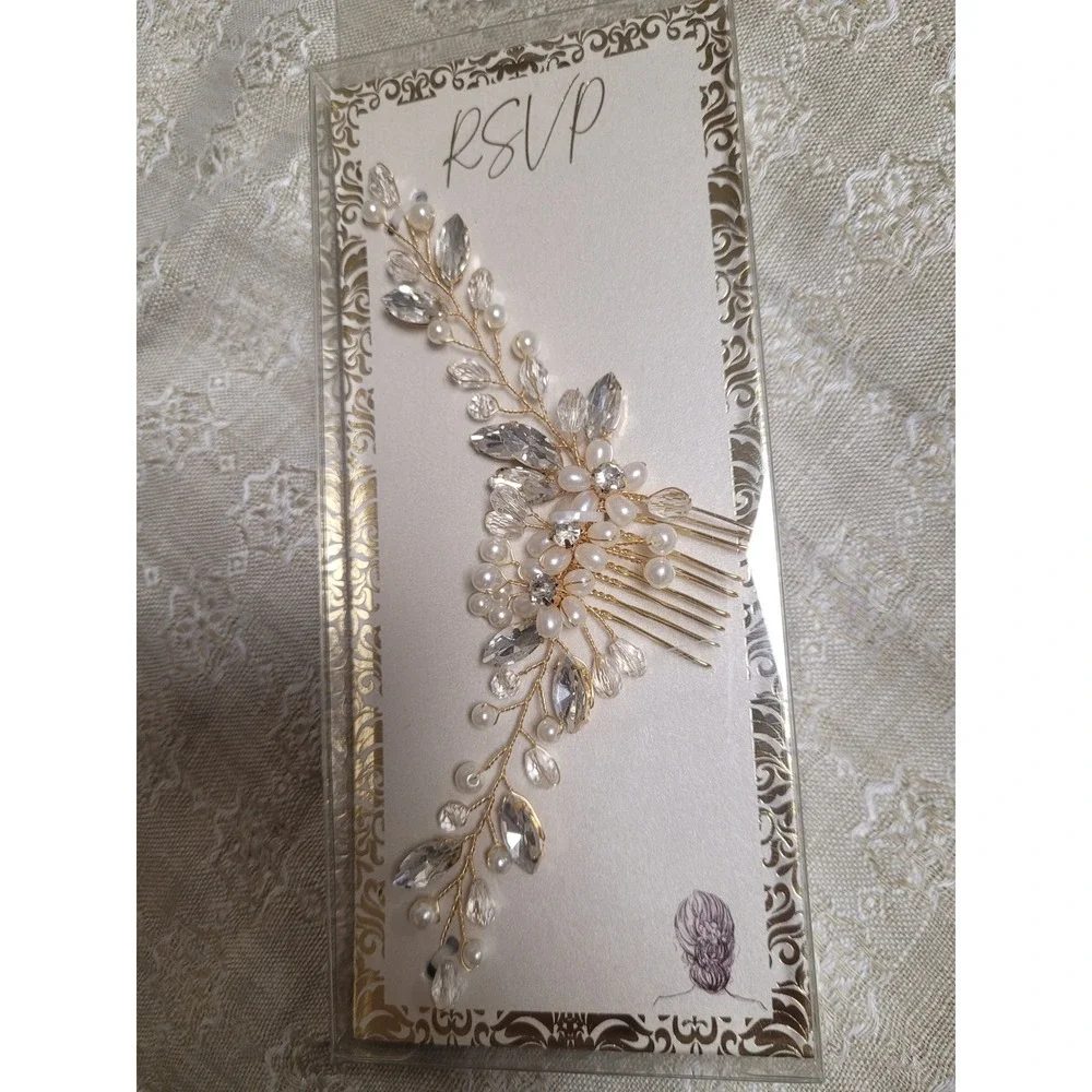 Bridal Hair Comb Gold Tone Crystal Pearl Feminine‎ Floral Wedding Headpiece NEW